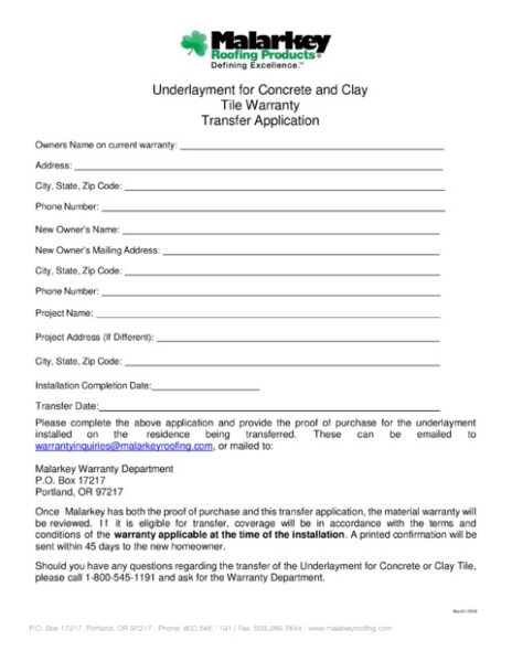 Concrete and Clay Tile Underlayment Warranty Transfer Application