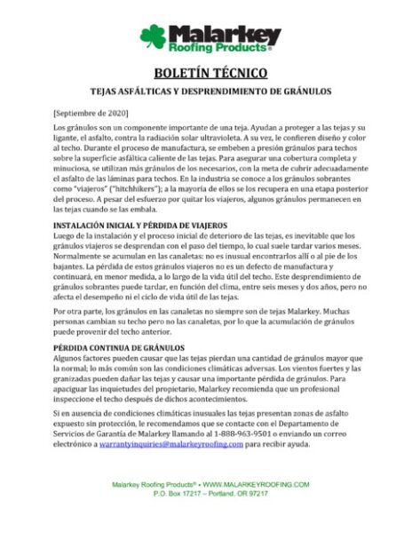 Boletín Técnico: Tejas Asfálticas y Desprendimiento de Gránulos (Español)
