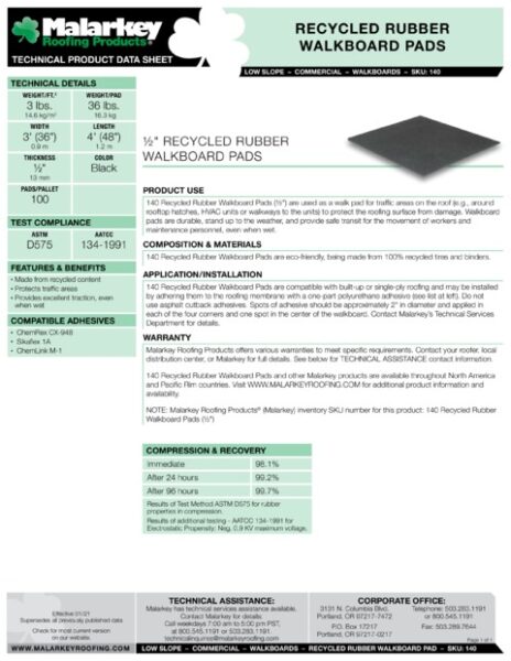 140 Recycled Rubber Walkboard Pads (Discontinued) Tech Data