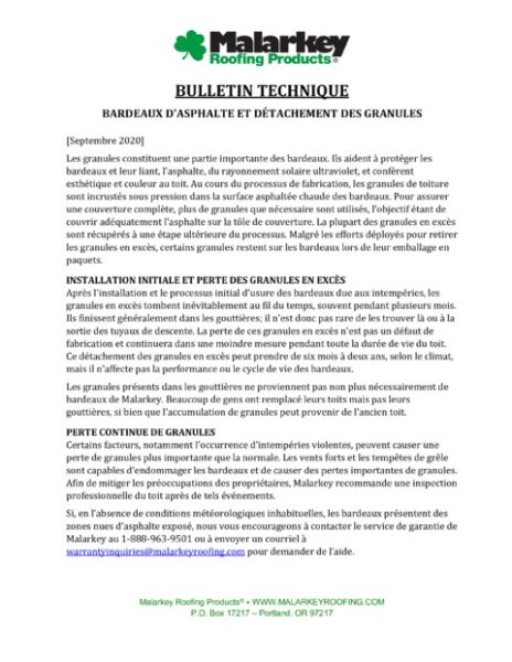 Bulletin Technique: Bardeaux d'Asphalte et Détachement des Granules (Francais)