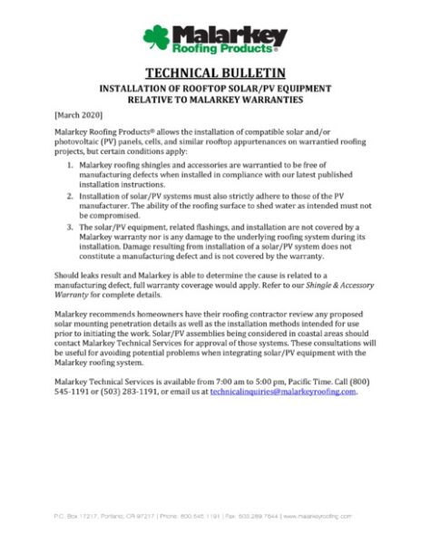 Technical Bulletin: Installation of Rooftop Solar/PV Equipment Relative to Malarkey Warranties