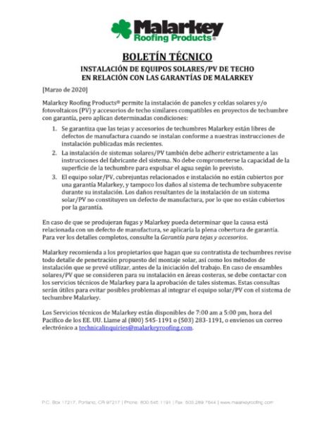 Boletín Técnico: Instalación de Equipos Solares/PV de Techo en Relación con las Garantías de Malarkey (Español)