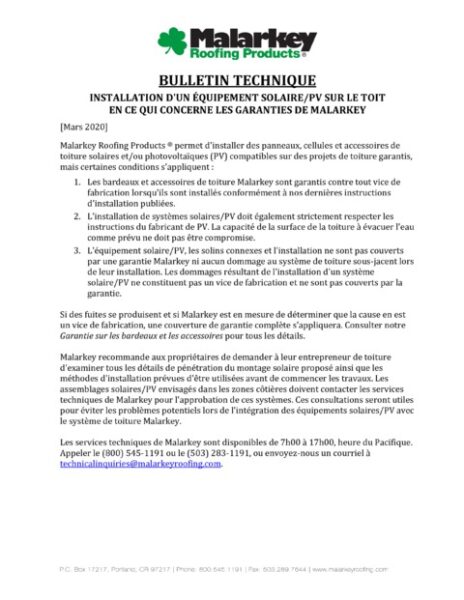 Bulletin Technique: Installation d'un Équipement Solaire/PV sur le Toit en ce qui Concerne les Garanties de Malarkey (Francais)