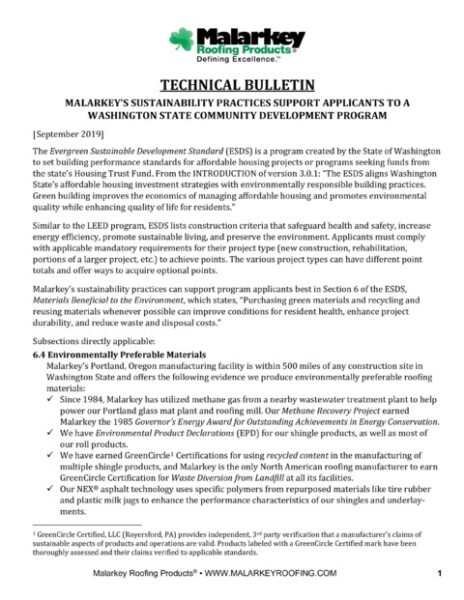 Technical Bulletin: Malarkey's Sustainability Practices Support Applicants to a Washington State Community Development Program