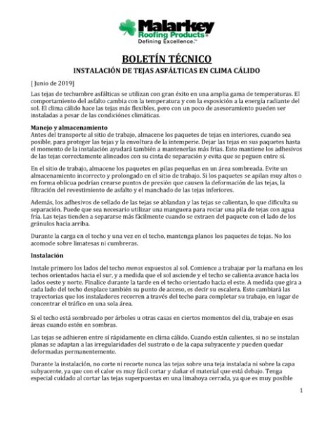 Boletín Técnico: Instalación de Tejas Asfálticas en Clima Cálido (Español)