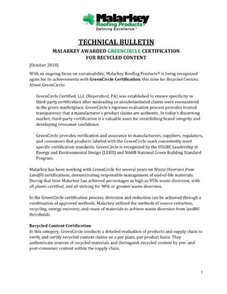 Technical Bulletin: Malarkey Awarded GreenCircle Certification for Recycled Content