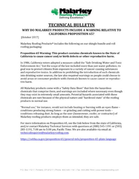 Technical Bulletin: Why Do Malarkey Products Include a Warning Relative to California Proposition 65?