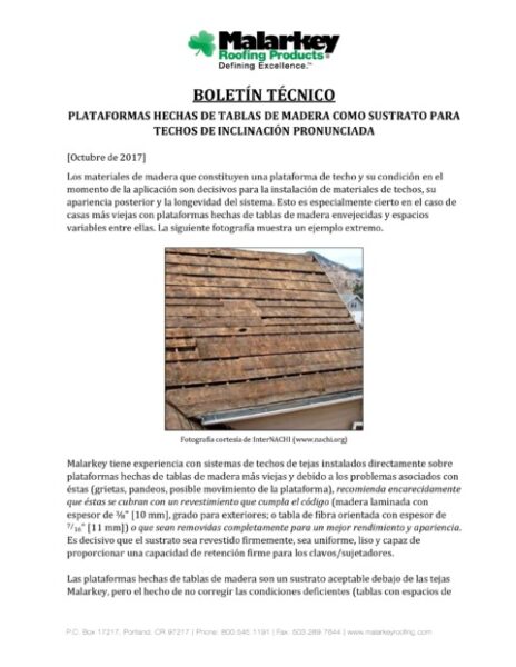 Boletín Técnico: Plataformas Hechas de Tablas de Madera Como Sustrato para Techos de Inclinación Pronunciada (Español)