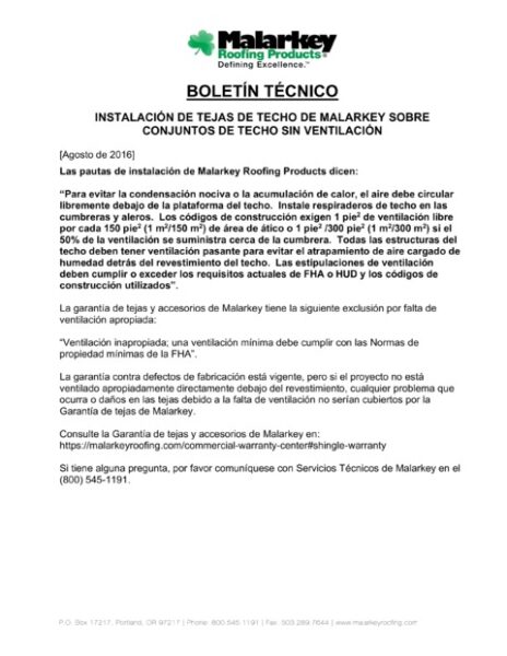 Boletín Técnico: Instalación de Tejas de Techo de Malarkey Sobre Conjuntos de Techo Sin Ventilación (Español)