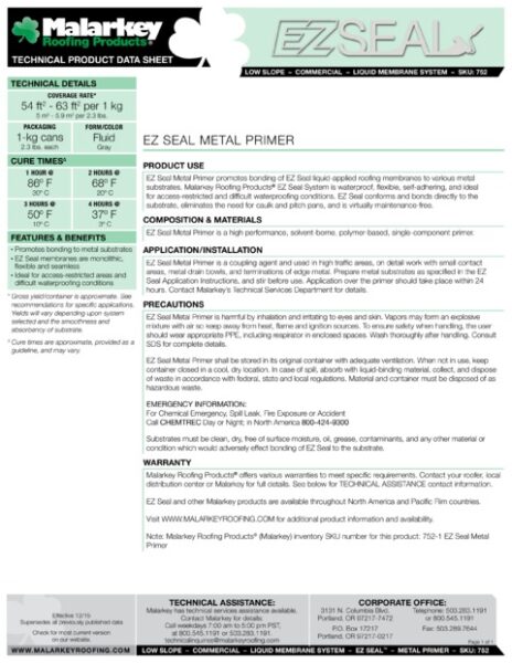 752 EZ Seal Metal Primer (Discontinued) Tech Data