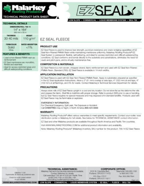 756 EZ Seal Fleece (Discontinued) Tech Data