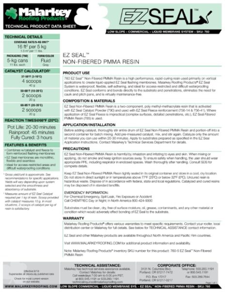 760 EZ Seal Non-Fibered PMMA Resin (Discontinued) Tech Data