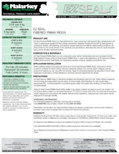 785 EZ Seal Fibered PMMA Resin (Discontinued) Tech Data
