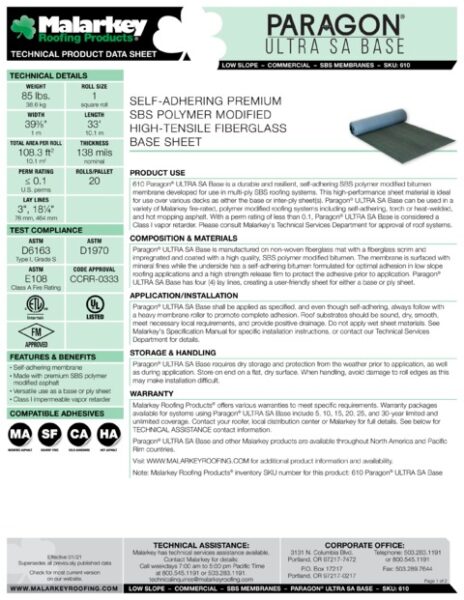 610 Paragon ULTRA SA Base (Discontinued) Tech Data