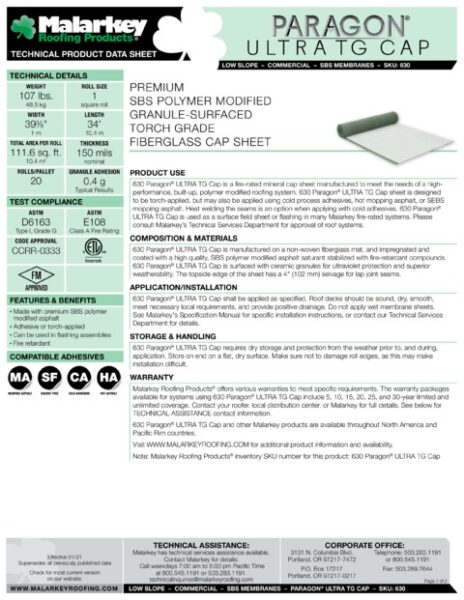 630 Paragon ULTRA TG Cap (Discontinued) Tech Data