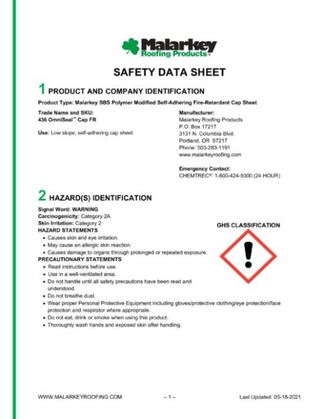 436 OmniSeal Cap FR (Discontinued) Safety Data Sheet