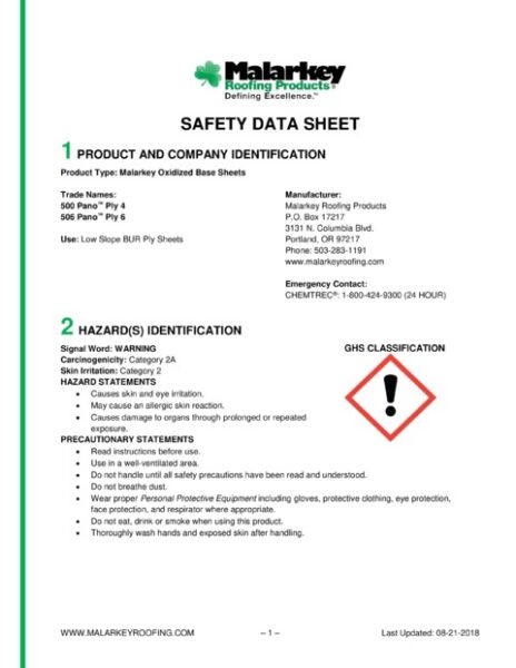 500 Pano Ply 4 & 506 Pano Ply 6 (Discontinued) Safety Data Sheet