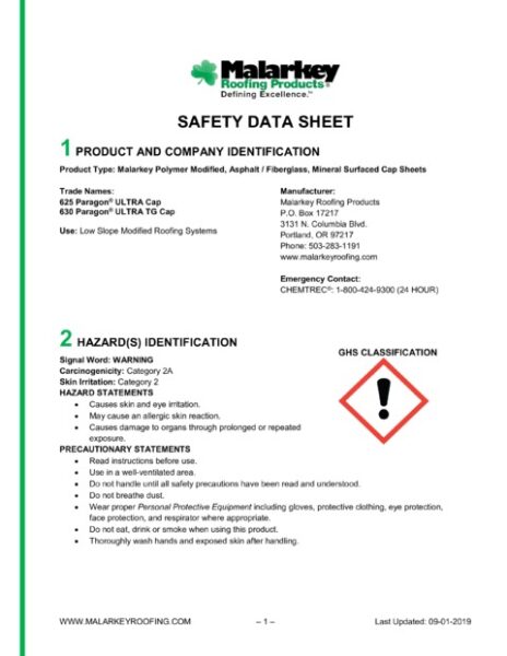 625 Paragon ULTRA Cap & 630 Paragon ULTRA TG Cap (Discontinued) Safety Data Sheet