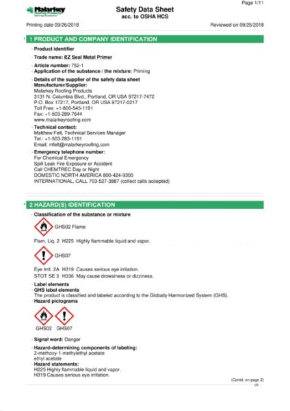 752 EZ Seal Metal Primer (Discontinued) Safety Data Sheet