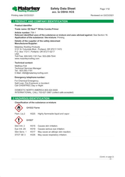 754 EZ Seal Combo Primer (Discontinued) Safety Data Sheet