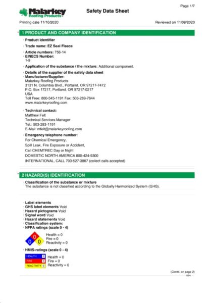 756 EZ Seal Fleece (Discontinued) Safety Data Sheet