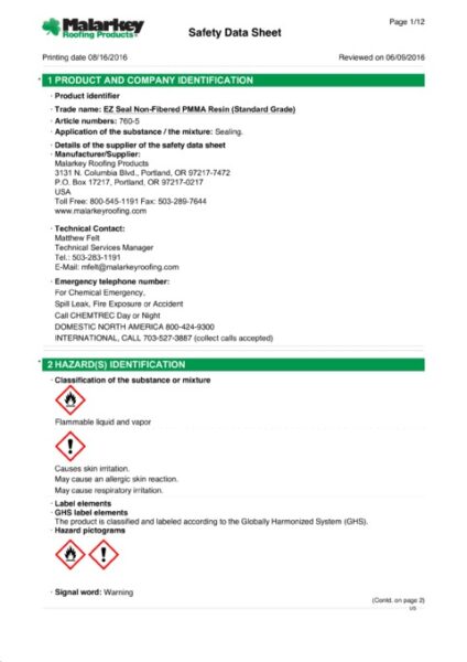 760 EZ Seal Non-Fibered PMMA Resin (Discontinued) Safety Data Sheet