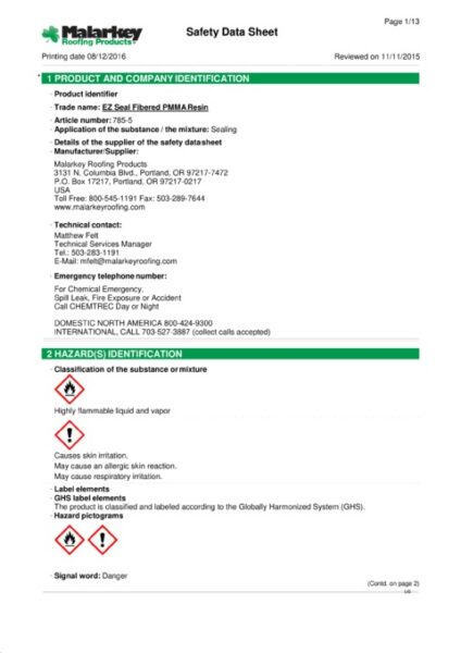 785 EZ Seal Fibered PMMA Resin (Discontinued) Safety Data Sheet