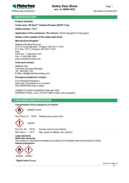 790 EZ Seal Catalyst (Discontinued) Safety Data Sheet