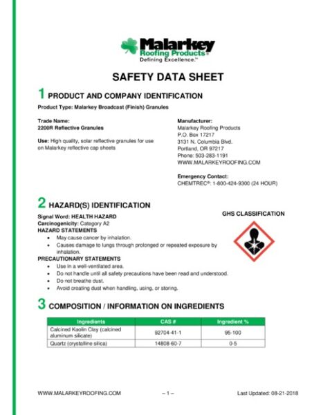2200R Reflective Granules Safety Data Sheet