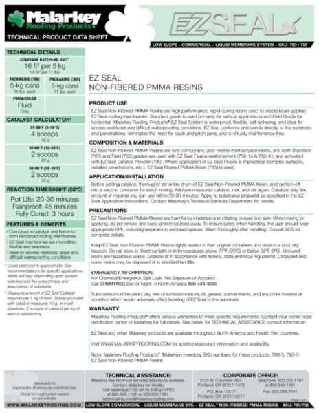765 EZ Seal Non-Fibered PMMA Resin (Discontinued) Tech Data
