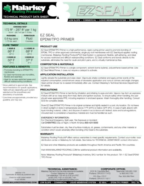 781 EZ Seal EPDM/TPO Primer (Discontinued) Tech Data
