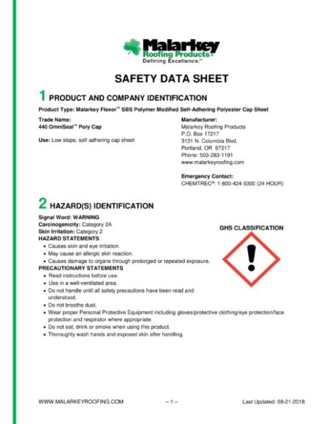 440 OmniSeal Poly Cap (Discontinued) Safety Data Sheet