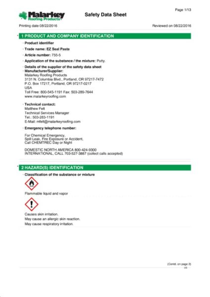 755 EZ Seal Paste (Discontinued) Safety Data Sheet