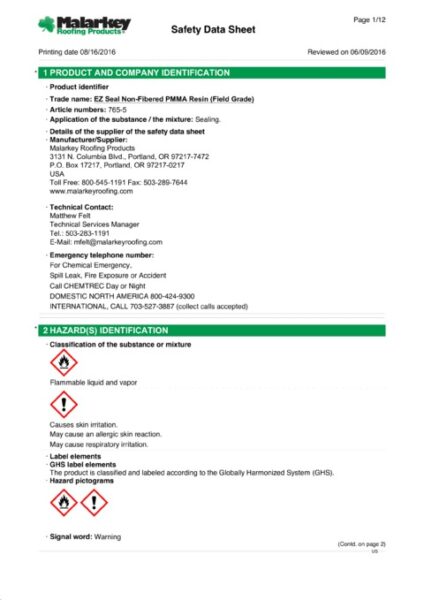 765 EZ Seal Non-Fibered PMMA Resin (Discontinued) Safety Data Sheet