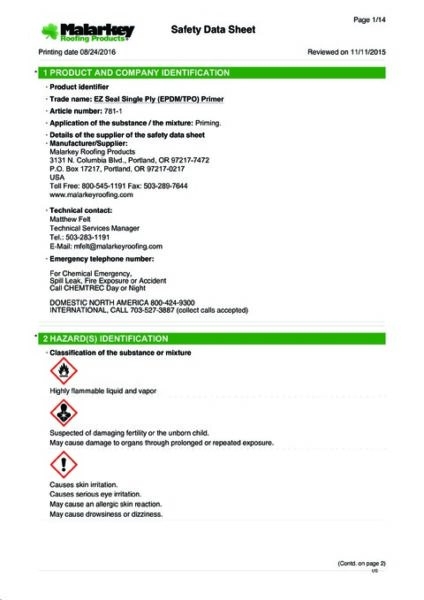 781 EZ Seal EPDM/TPO Primer (Discontinued) Safety Data Sheet