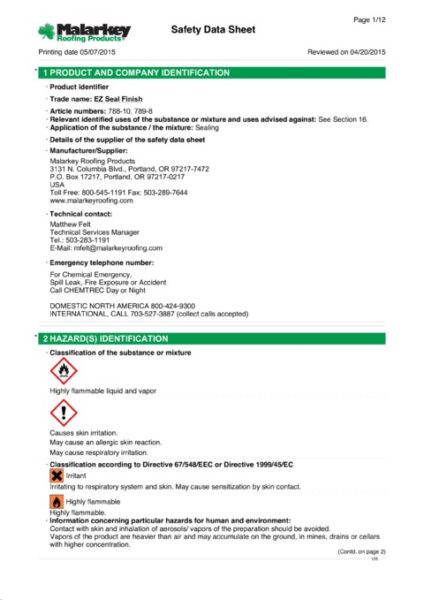 788/789 EZ Seal Finish (Discontinued) Safety Data Sheet