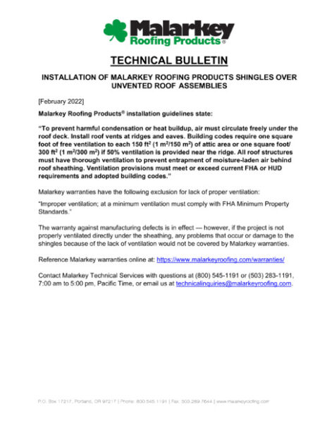 Technical Bulletin: Installation of Malarkey Roofing Products Shingles Over Unvented Roof Assemblies