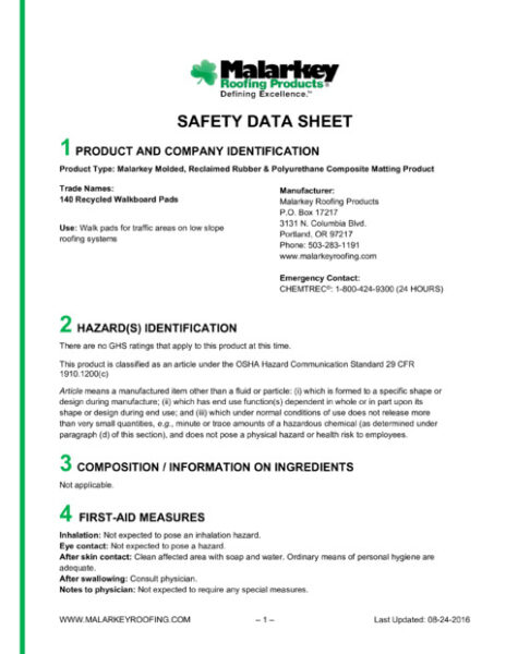 140 Recycled Rubber Walkboard Pads (Discontinued) Safety Data Sheet