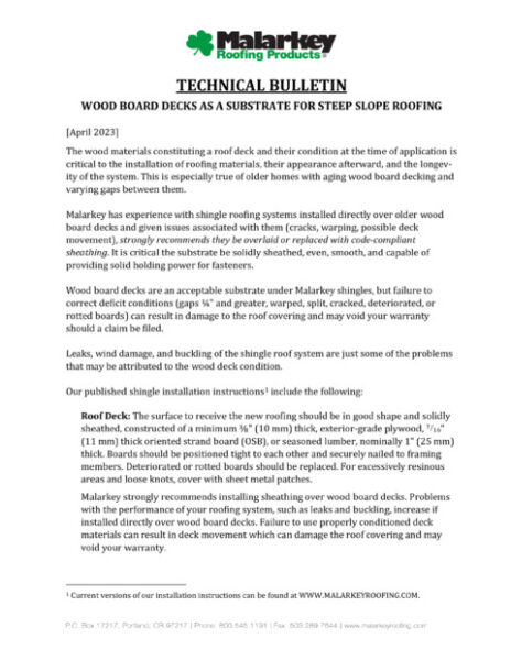 Technical Bulletin: Wood Board Decks as a Substrate for Steep Slope Roofing