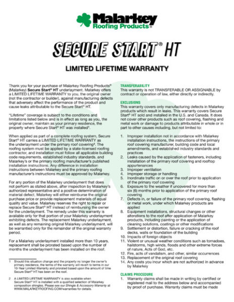 Secure Start HT Limited Lifetime Warranty