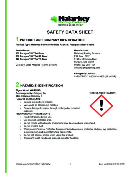 Paragon Base Sheets (Discontinued) Safety Data Sheet