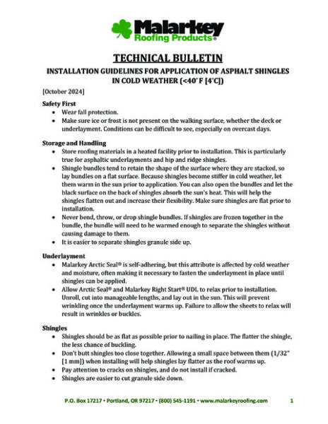 Technical Bulletin: Installation Guidelines for Application of Asphalt Shingles in Cold Weather (<40° F [4°C])