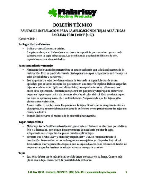Boletín Técnico: Pautas de Instalación para la Aplicación de Tejas Asfálticas en Clima Frío (<40° F [4°C]) (Español)