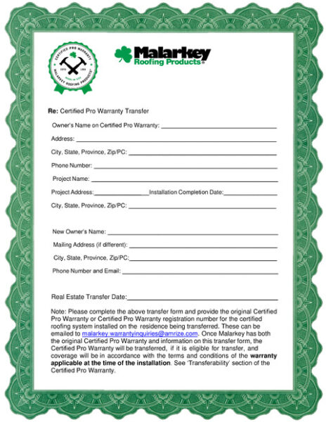 Certified Pro Warranty Transfer Form
