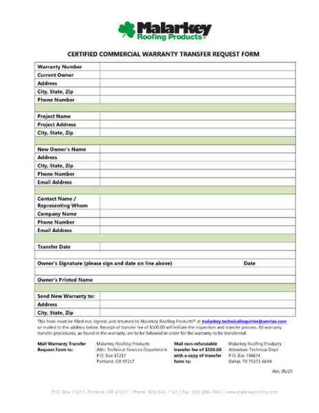Certified Commercial Warranty Transfer Form