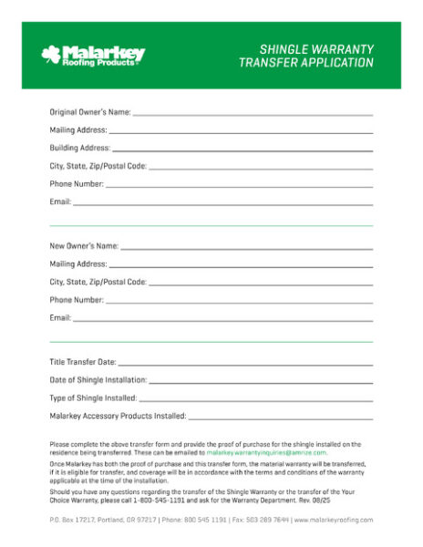 Transfer Application for Shingle Warranty