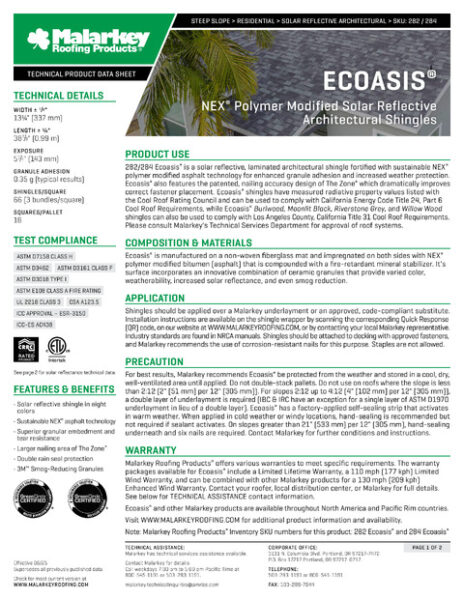 Ecoasis (Discontinued) Tech Data