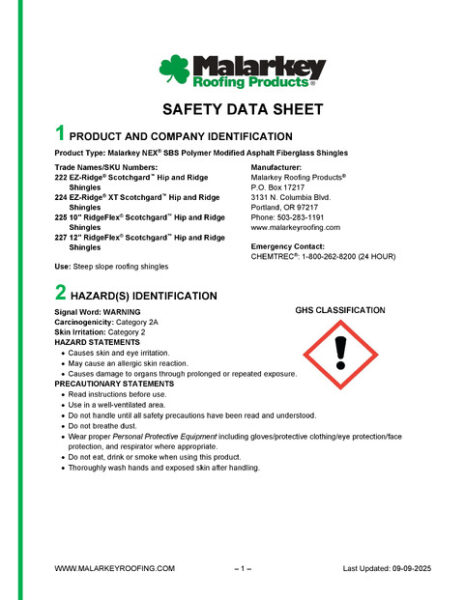 EZ-Ridge & RidgeFlex Safety Data Sheet