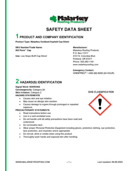 502 Pano Cap Safety Data Sheet