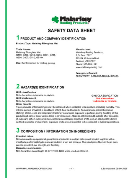 Fiberglass Mat Safety Data Sheet
